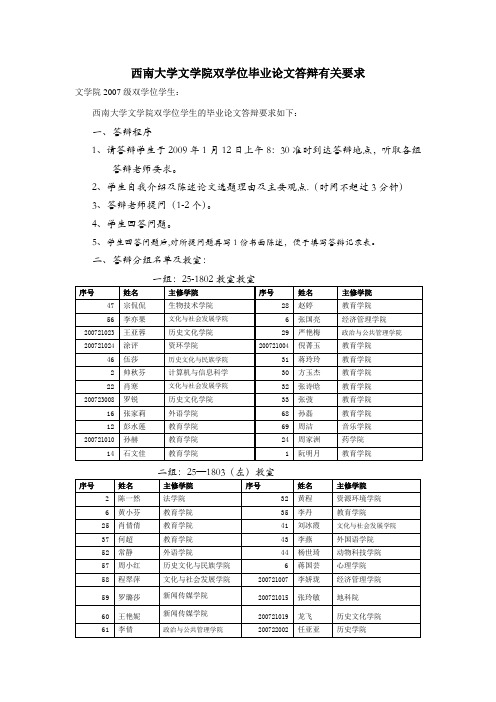 西南大学文学院双学位毕业论文答辩有关要求