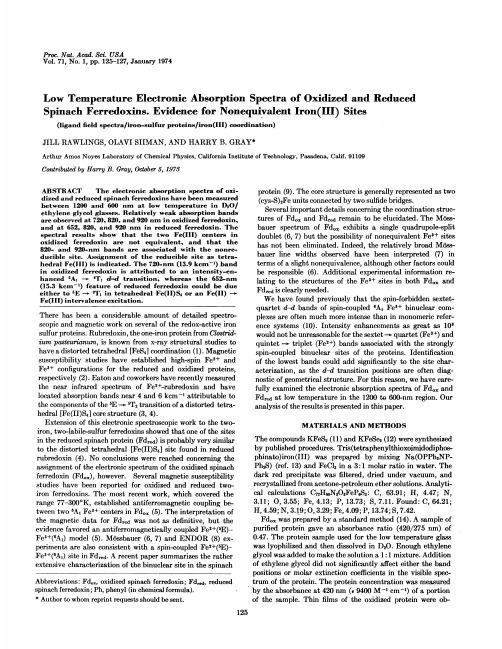 Low Temperature Electronic Absorption Spectra of Oxidized and Reduced