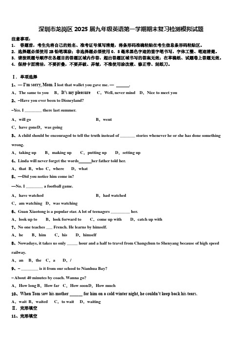 深圳市龙岗区2025届九年级英语第一学期期末复习检测模拟试题含解析