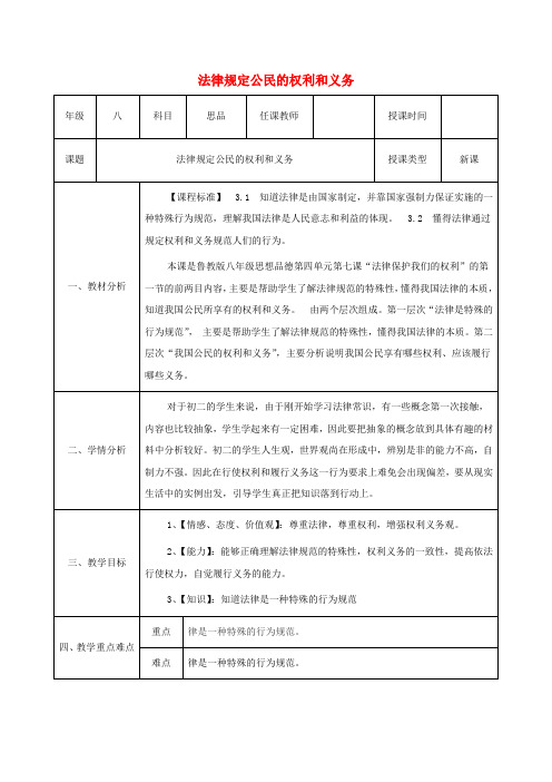 八年级政治上册第第七课法律保护我们的权利第1框《法律规定公民的权利和义务》教案鲁教版