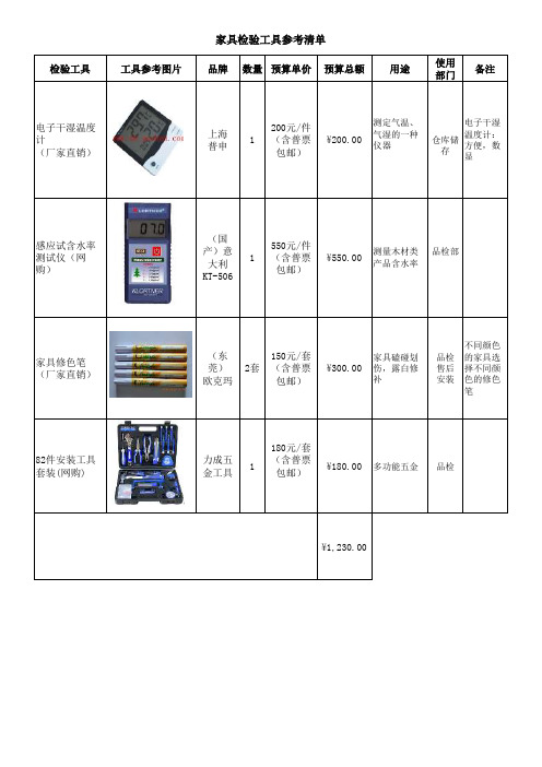 家具检验工具参考清单