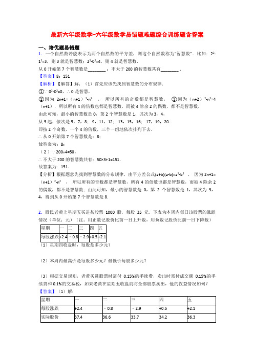 最新六年级数学-六年级数学易错题难题综合训练题含答案