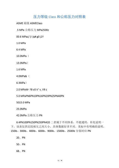 压力等级Class和公称压力对照表