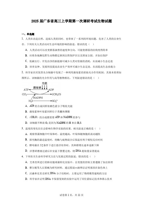 2025届广东省高三上学期第一次调研考试生物试题