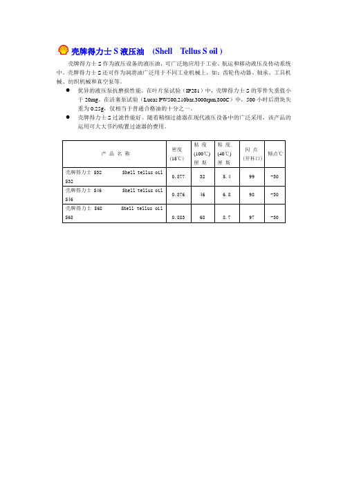 壳牌得力士S液压油 (Shell Tellus S oil ) - 壳牌润滑油