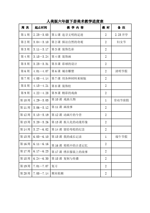 人美版六年级下册美术教学进度表