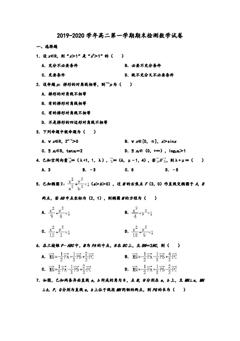 2019-2020学年人教A版山东省烟台市高二第一学期期末检测数学试卷 含解析