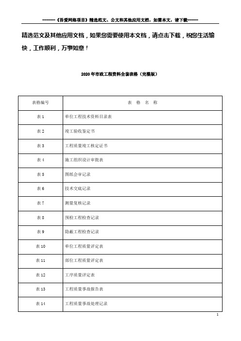 2020年市政工程资料全套表格(完整版)