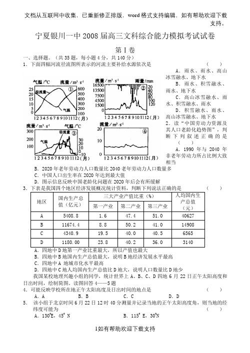 宁夏银川一中2020届高三文科综合能力模拟考试试卷