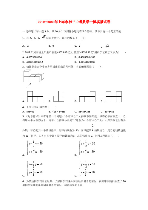 2019-2020年上海市初三中考数学一模模拟试卷