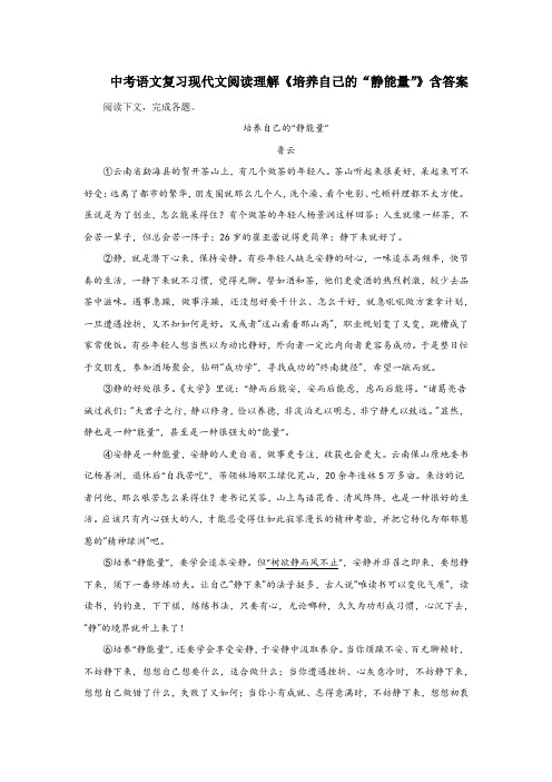 中考语文复习现代文阅读理解《培养自己的“静能量”》含答案