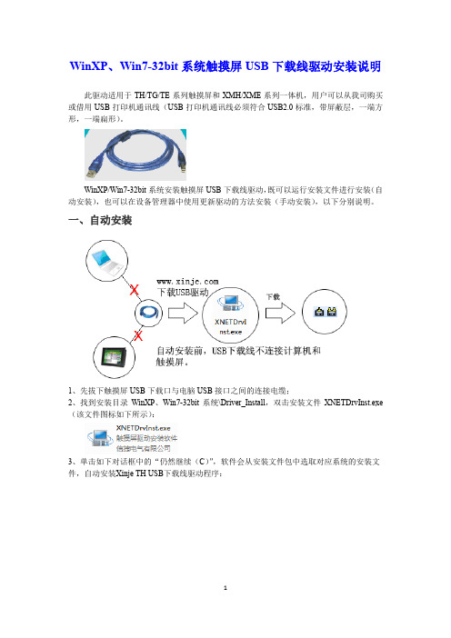 USB下载线驱动安装-自动、手动    WinXP、Win7-32bit系统触摸屏USB下载线驱动安装说明