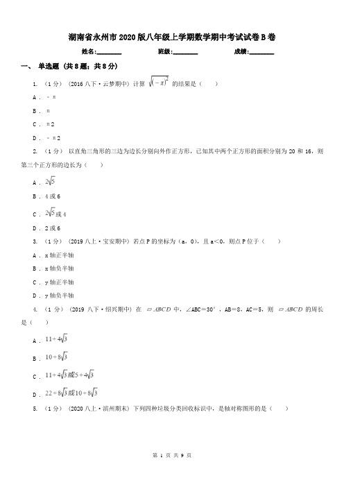 湖南省永州市2020版八年级上学期数学期中考试试卷B卷