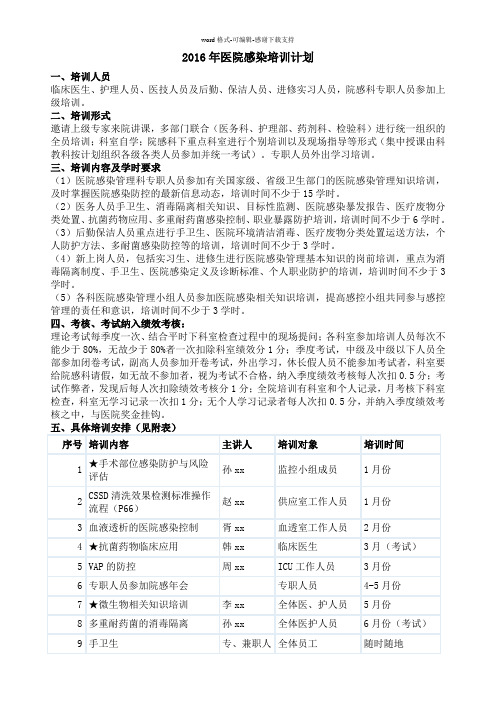 2016年医院感染培训计划