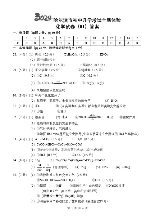 2020年中考伴我行化学答案1-4