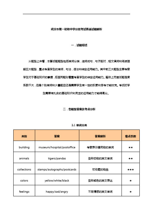 湖北武汉市第一初级中学分班考试英语试题解析