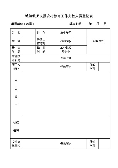 城镇教师支援农村教育工作支教人员登记表