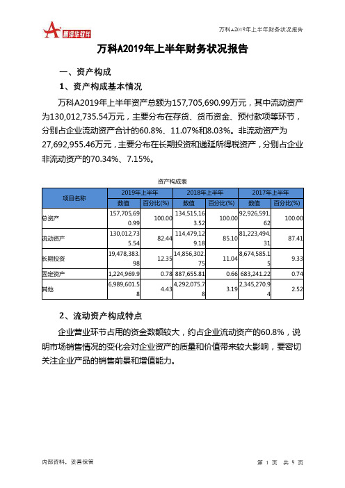 万科A2019年上半年财务状况报告