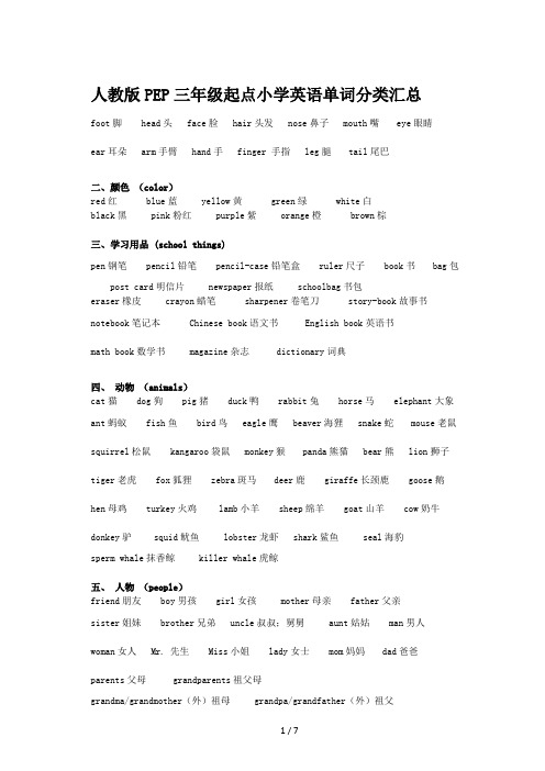 人教版PEP三年级起点小学英语单词分类汇总