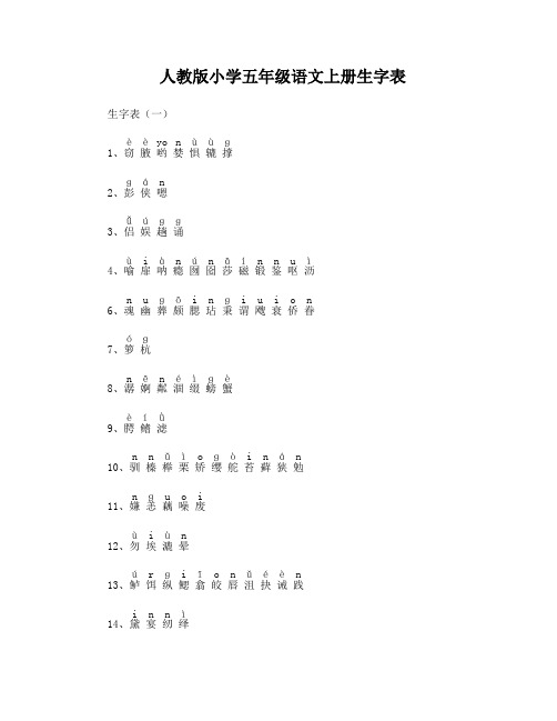 小学五年级语文生字表(上下册听写拼音)