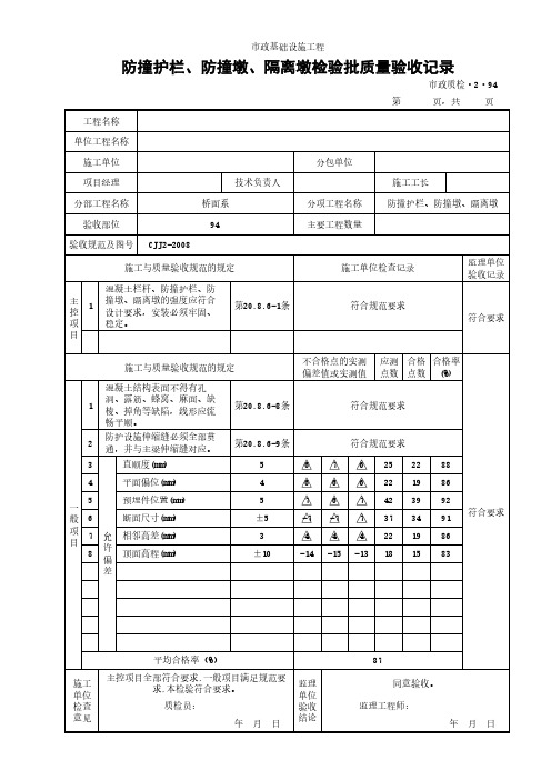 防撞护栏、防撞墩、隔离墩检验批质量验收记录