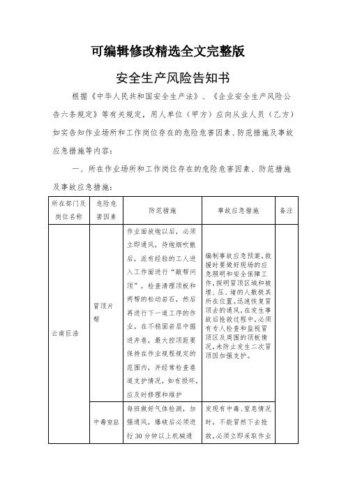 井下安全生产风险告知书可修改全文