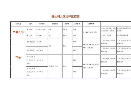 各公司大病险种比较表