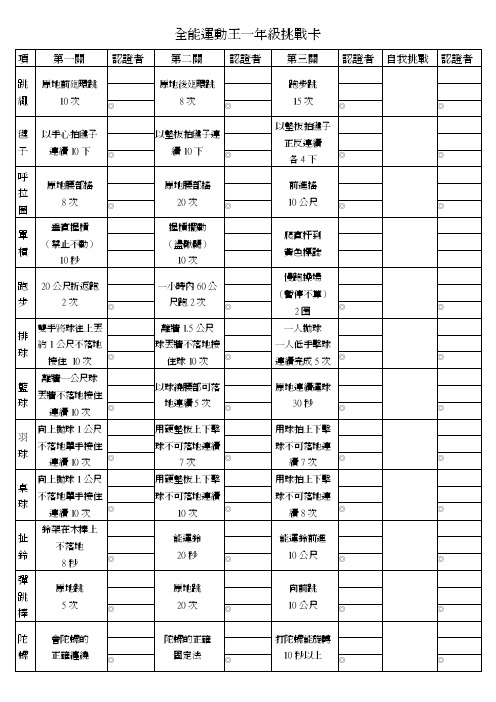 全能运动王一年级挑战卡