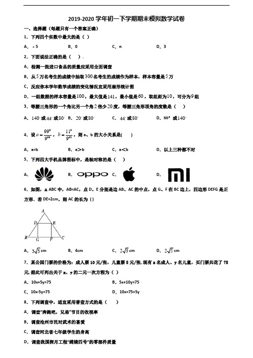 云南省玉溪市2020初一下学期期末数学检测试题