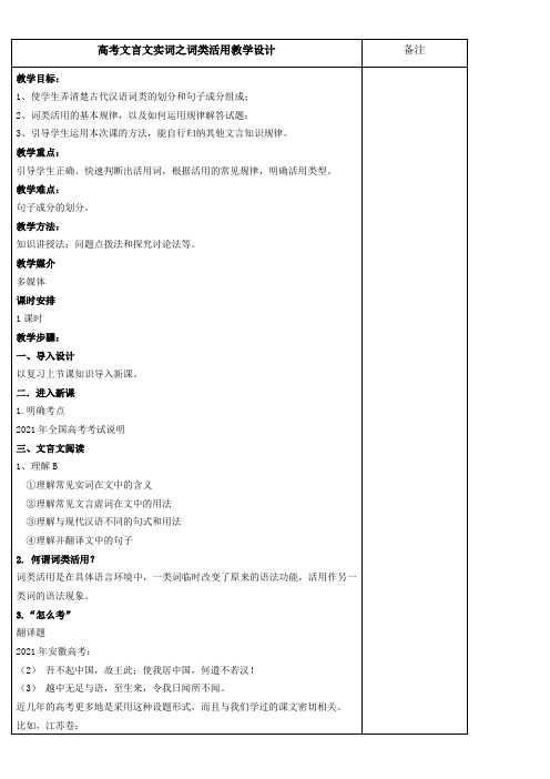 高中语文部编人教版精品教案《文言文实词之词类活用教学设计》