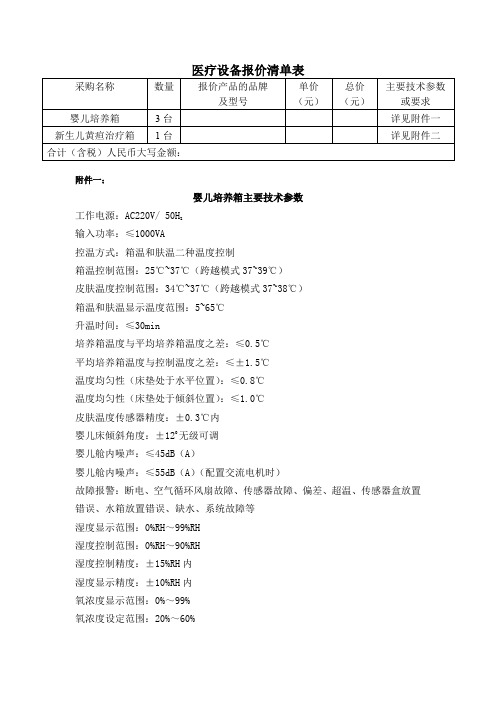 医疗设备报价清单表