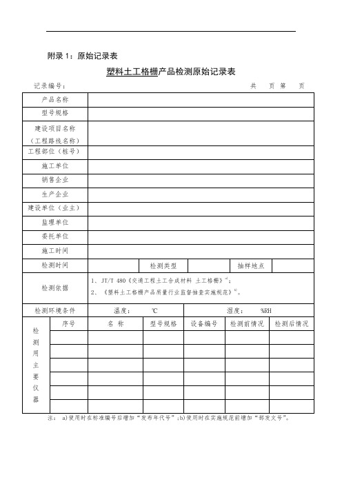 塑料土工格栅产品检测原始记录表、行业监督抽查检测报告格式