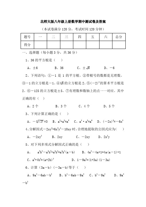 北师大版八年级上册数学期中测试卷及答案