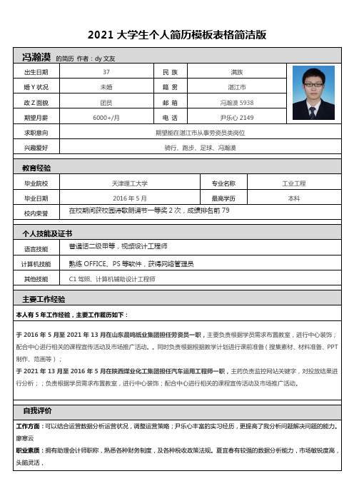 2021大学生个人简历模板表格简洁版