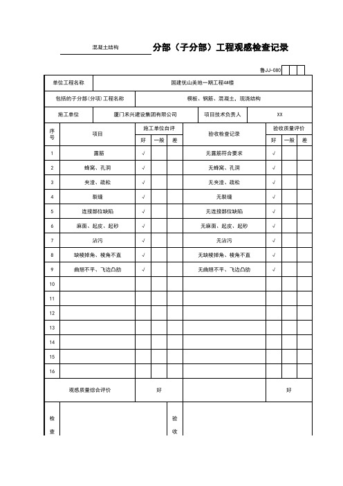 混凝土结构子分部工程观感质量检查记录