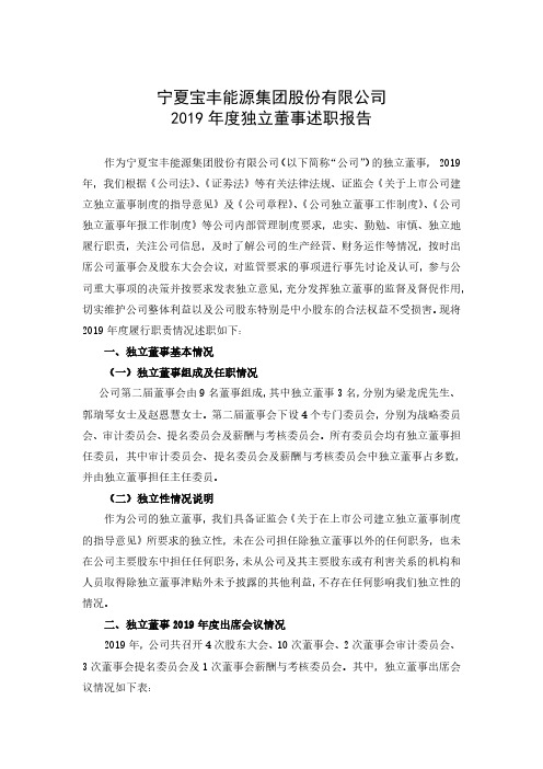 宝丰能源：2019年度独立董事述职报告