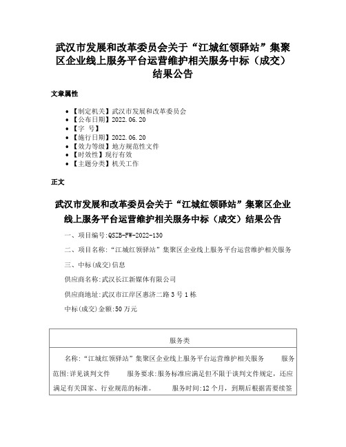 武汉市发展和改革委员会关于“江城红领驿站”集聚区企业线上服务平台运营维护相关服务中标（成交）结果公告