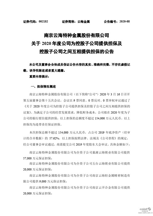 云海金属：关于2020年度公司为控股子公司提供担保及控股子公司之间互相提供担保的公告