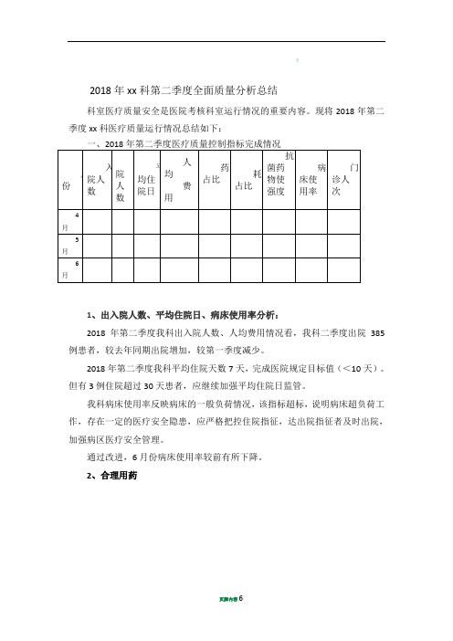 2018科室第二季度医疗质量分析总结