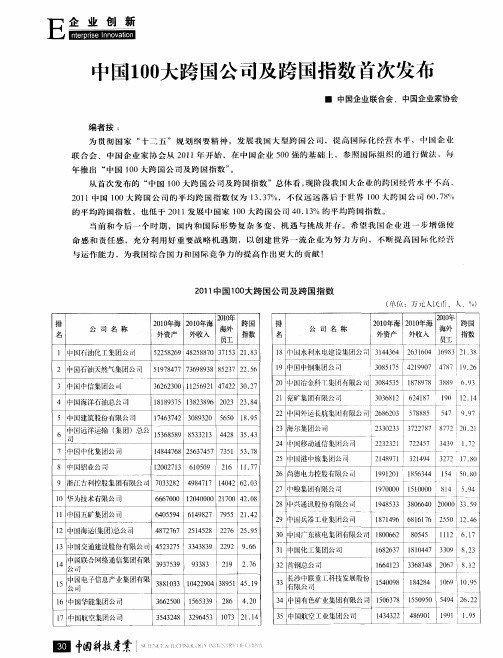 中国100大跨国公司及跨国指数首次发布