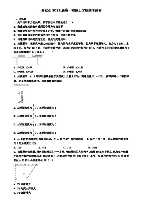 合肥市2022届高一物理上学期期末试卷