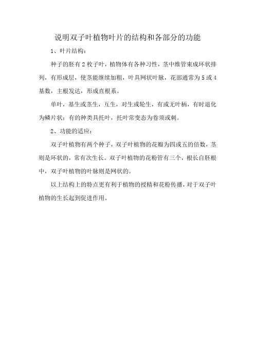 说明双子叶植物叶片的结构和各部分的功能