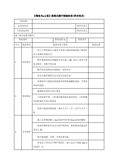 【精选Word版】悬挑式脚手架验收表(样本范本)