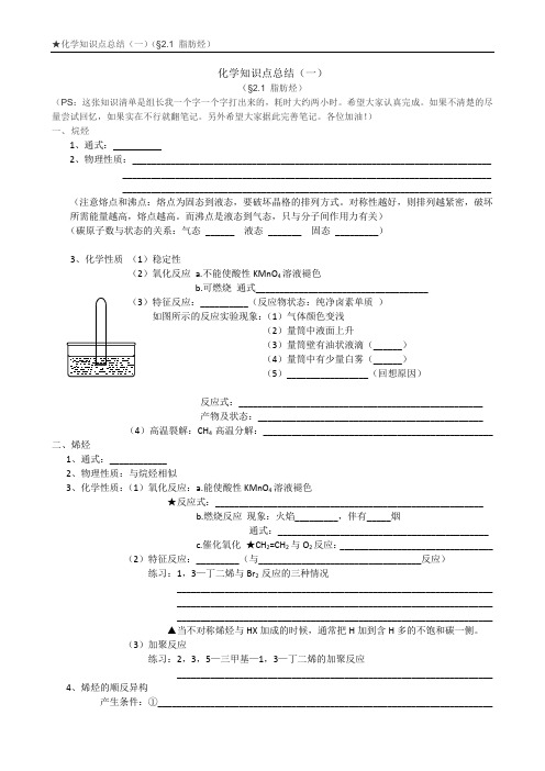 高二化学知识清单(脂肪烃)