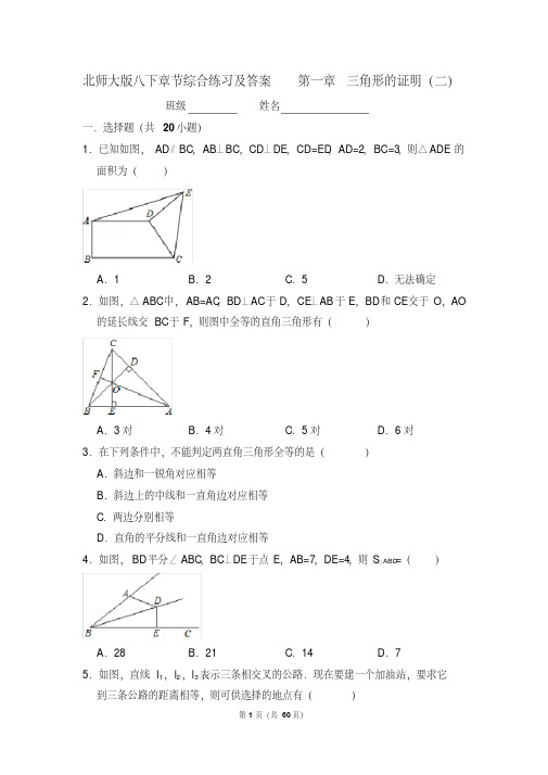 北师大版八下章节综合练习及答案第一章三角形的证明(二)