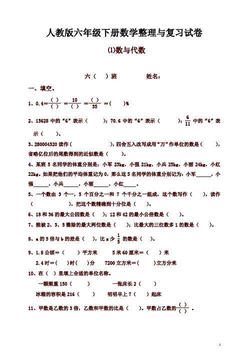 【精品】人教版六年级数学下册第6单元整理与复习《数与代数》测试卷题