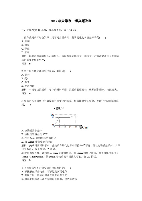 2016年天津市中考真题物理