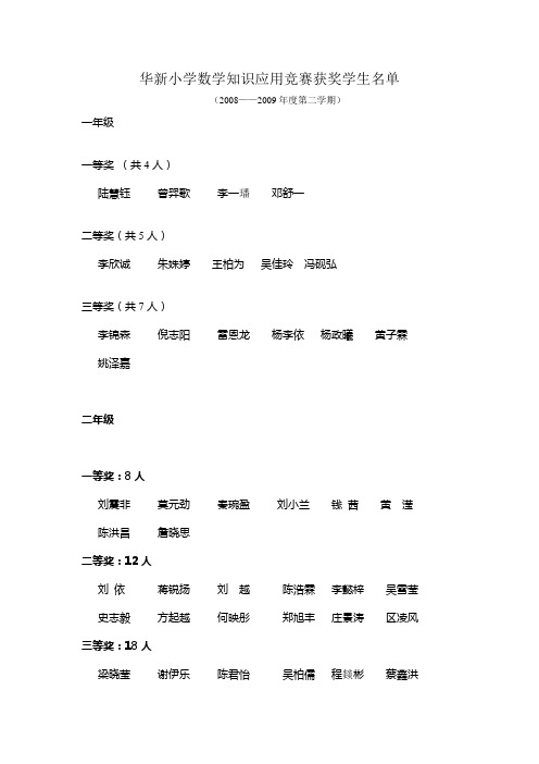 华新小学数学知识应用竞赛获奖学生名单