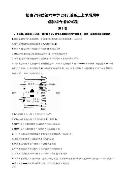 福建省闽侯第六中学2018届高三上学期期中考试理科综合试题 PDF版含答案