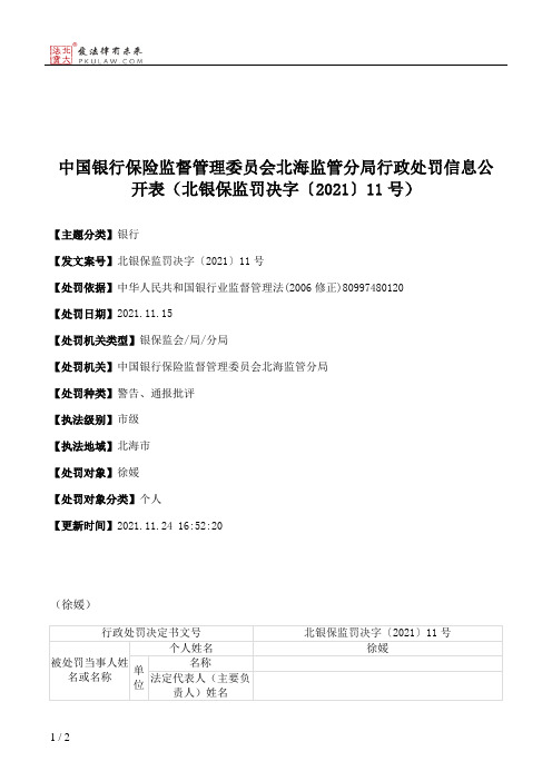 中国银行保险监督管理委员会北海监管分局行政处罚信息公开表（北银保监罚决字〔2021〕11号）